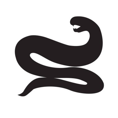 Siyah siluet zehirli agresif yılan hayvan vücudu, peri masalı Cadılar Bayramı karakteri. Gece korkuluğunun tüyler ürpertici gölgesi. Beyaz arkaplanda izole edilmiş basit siyah ve beyaz vektör