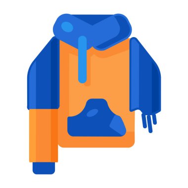 İstenmeyen eski kıyafetleri sınıflandırıyorum. Kolu yırtık eski bir kapüşonlu. Kullanım dışı eşyalar ve atılacak kumaşlar. Tekstil endüstriyel ürünlerinin geri dönüşümü. Beyaz üzerine izole edilmiş basit çizgi film düz vektör simgesi