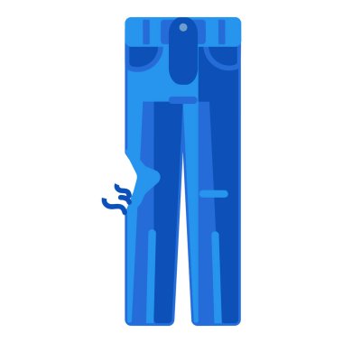 İstenmeyen eski kıyafetleri sınıflandırıyorum. Bacağı yırtık kot pantolon. Kullanım dışı eşyalar ve atılacak kumaşlar. Tekstil endüstriyel ürünlerinin geri dönüşümü. Beyaz sırtında izole edilmiş basit çizgi film düz vektör simgesi