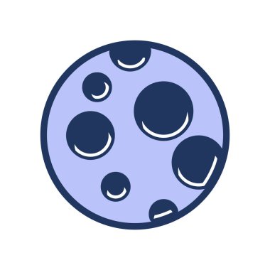 Ay Dünyası uydusu. Yüzeyinde kraterler olan gezegen, modern ve geçmişe dönük teknolojik tasarım için soyut tekno element. Beyaz arkaplanda izole edilmiş basit renk vektörü resim grafiği