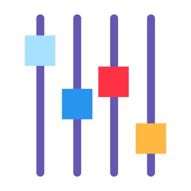 Müzik yaratımı ve ses keyfi. Ses ayarlarının görünümü, modern ve geçmişe dönük teknolojik tasarım için soyut tekno element. Beyaz arkaplanda izole edilmiş basit renk vektörü resim grafiği