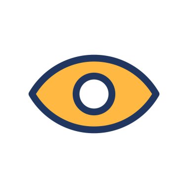 Geometrik olarak doğru simetrik göz. Siyah çizgili sarı göz, modern ve geçmişe dönük teknolojik tasarım için soyut tekno element. Beyaz arkaplanda izole edilmiş basit renk vektörü resim grafiği