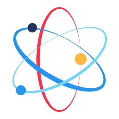 Atom Yapısı. Çekirdekte dön ve dön, modern ve retro teknolojik tasarım için soyut tekno element. Beyaz arkaplanda izole edilmiş basit renk vektörü resim grafiği