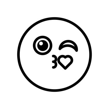 Emoji göz kırpıyor ve hava öpücüğü gönderiyor, doğum günü partisi sembolü. Çocuk eğlence merkezinin tasarımı için neşeli çember emojilerinin ana hatları. Beyaz arkaplanda izole edilmiş basit doğrusal simge