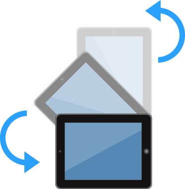 Tablet PC ekranı dönüyor. Görüntü rotasyonu için dijital tabletinizi yatay pozisyonda kullanmak için basit görsel talimatlar. Düz vektör beyaz arkaplanda izole edildi