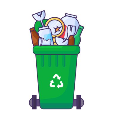 Depolama, geri dönüşüm ve kullanılmış cam atıklarını ayırmak için dolu bir kapak kutusu. Cam kırıkları ve şişeler için yeşil taşınabilir çöp kutusu. Çizgi film dış hat vektörü