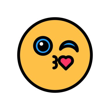 Party Circle Emoji göz kırpıyor ve hava öpücüğü gönderiyor, doğum günü sembolü. Çocuk eğlence merkezinin tasarımı için basit tarz şenlik çemberi emojileri. Beyaz arkaplanda izole edilmiş renk vuruşu simgesi