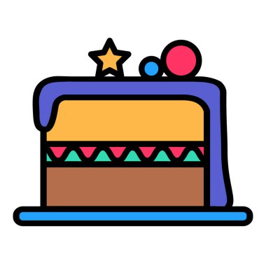 Pastanın içinde krema ve doğum günü sembolü olan kesim partisi pastası. Çocuk eğlence merkezinin tasarımı için basit bir şenlik keki. Beyaz arkaplanda izole edilmiş renk vuruşu simgesi