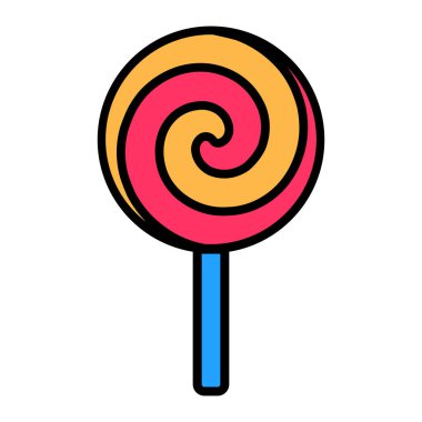 Spiral Party şeker lolipopu, doğum günü sembolü. Çocuk eğlence merkezinin tasarımı için basit tarz spiral lolipop. Beyaz arkaplanda izole edilmiş renk vuruşu simgesi