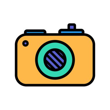 Parti için kamera, hatırlanmaya değer olay, doğum günü sembolü. Çocukların eğlence merkezinin tasarımı için basit bir fotoğraf makinesi. Beyaz arkaplanda izole edilmiş renk vuruşu simgesi