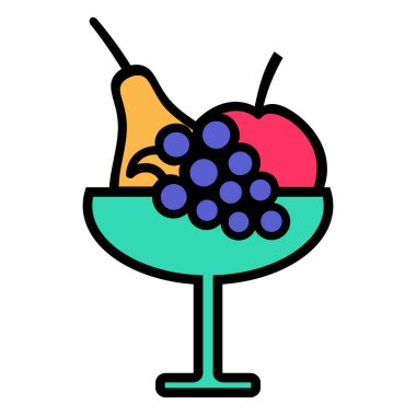 Taze meyve ve meyvelerle dolu ince saplı uzun vazo, doğum günü sembolü. Çocuk eğlence merkezinin tasarımı için basit bir festival meyvesi seti. Beyaz sırtta izole edilmiş renk vuruşu simgesi