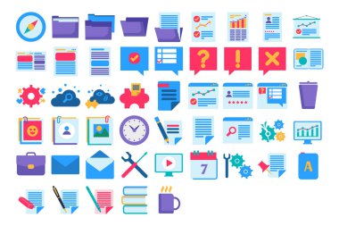 Basit iş unsurları koleksiyonu, el çizimi belge klasörü, sunum, özgeçmiş, e-posta zarfı, şirket kârlılık analizi çizelgesi. Beyaz arkaplanda izole edilmiş çizgi film düz vektör simgeleri