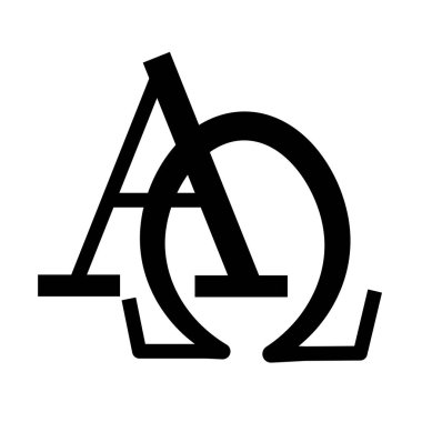 Dini bir sembol. Geleneksel ibadet ve hürmet kültürünün ruhani omega alfa işareti. Beyaz arkaplanda izole edilmiş basit siyah ve beyaz vektör