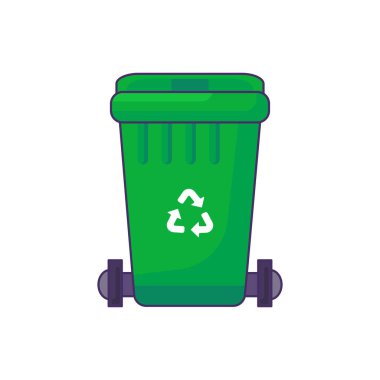 Depolama, geri dönüşüm ve kullanılmış cam atıklarını ayırmak için kapalı kapaklı taşınabilir konteynır. Kapalı ve çöp kutusunu geri dönüşüm işaretiyle doldurdum. Çizgi film dış hat vektörü