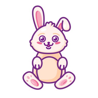 Neşeli Paskalya tavşanı oturuyor ve gülümsüyor. Paskalya bayrağının tasarımı için parlak minimalist illüstrasyon. İnce vuruşta çizgi film vektör ögesi beyaz arkaplanda izole edildi