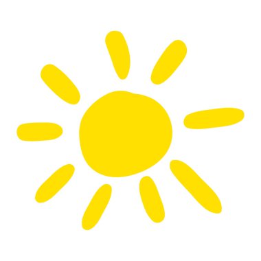 Çocuğun çektiği ılık bahar güneşi. İlkbahar bayrağının tasarımı için çocuksu, parlak bir illüstrasyon. Düz elle çizilmiş vektör ögesi beyaz arkaplanda izole edildi