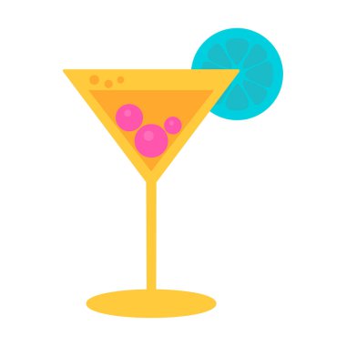 Tropikal kokteylli uzun cam kadeh. İçi martini dolu ve bir dilim narenciye ile süslenmiş. Yaz tatili ikonu. Beyaz arkaplanda izole edilmiş basit düz çizgi film vektörü