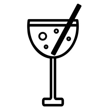 Uzun bardakta karbonatlı meyve suyu kokteyli, saman, doğum günü partisi sembolü. Çocuk eğlence merkezinin tasarımına yönelik şenlikli içeceğin ana hatları. Beyaz arkaplanda izole edilmiş basit doğrusal simge