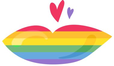 Gökkuşağı kadın dudakları gökkuşağı renginde öpücük kalp işareti. Kart veya davetiye tasarımı için LGBT parti simgesi. Beyaz arkaplanda çok renkli vektör sembolü izole edildi
