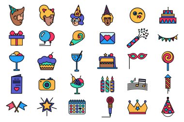 Doğum günü partisi renkli ikonlar. Tatil yemekleri, dekorasyonlar, sürprizler ve davetliler. Beyaz arkaplanda izole edilmiş renkli vuruş simgesi kiti