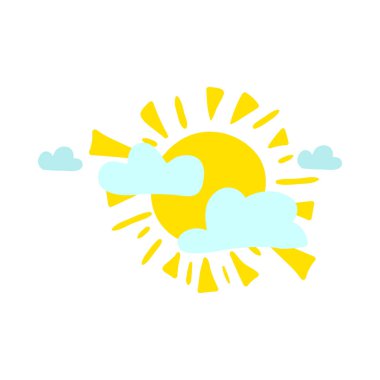 Sıcak yaz güneşi, çocuk tarafından çizilen bulutların arkasına saklandı. Neşeli bahar bayrağı tasarımı için parlak, çocuksu, dikkatsiz, güneşli hava çizimi. Düz elle çizilmiş vektör ögesi beyaz arkaplanda izole edildi