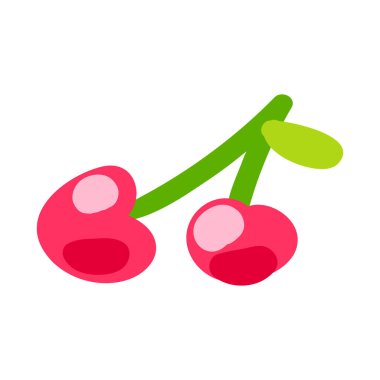 Çocuk tarafından çizilmiş vişneli tatlı. Neşeli bahar bayrağı tasarımı için parlak çocuksu, dikkatsiz kiraz çilekleri çizimi. Düz elle çizilmiş vektör ögesi beyaz arkaplanda izole edildi