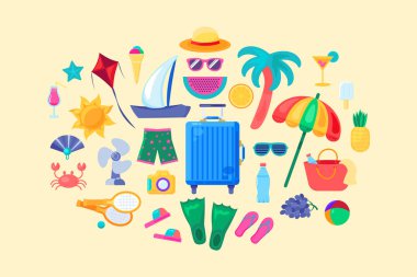 Büyük bir plaj giysisi, aksesuar, gardırop ve eğlence malzemeleri. Parlak yaz renklerinde giysi ve yiyecek ikonları koleksiyonu. Beyaz arkaplanda izole edilmiş çok renkli simgeler kümesi