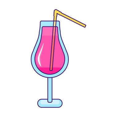 Tropik meyve kokteyli. Ahududu kokteyli ve pipetle ince ayakta duran uzun camlar. Yaz tatili ikonu. Beyaz arkaplanda izole edilmiş basit vuruş vektör ögesi