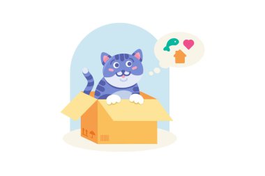 Şirin Vektör Çizgi Filmi Evcil Kedi Tasviri, sevgi, ilgi ve lezzetli yiyecekler hakkında hayal kuran mutlu, komik, evcil kedi yavrusu hayvan hakkındaki vektör ilülasyonudur.