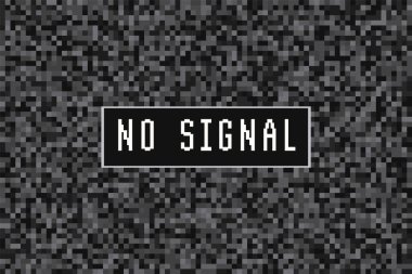 Retro-esinlenmiş cesur, siyah-beyaz pikselli arka plan ve Sinyal Yok mesajı. Eski bir bilgisayar ekranı ya da video oyunu. Eski teknoloji ya da oyun kültürünün sıkıntılı dokusu. Kapak web tasarımı, posterler ve sosyal sağlık için uygundur.