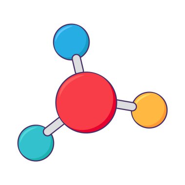 Tıp ikonunun basit moleküllerinin yapısı. Karmaşık maddelerin sentezi, modern ve retro tasarım için tıbbi olarak okşanmış karikatür unsuru. Beyaz arkaplanda izole edilmiş basit renk vektörü resim grafiği