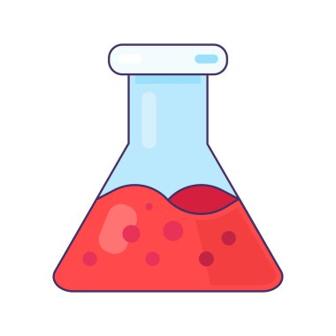 Kırmızı köpüren sıvı ikonlu geniş şişe. Kimyasal kan analizi için ekipman modern ve retro tasarım için tıbbî olarak okşanmış karikatür elementleri. Beyaz arkaplanda izole edilmiş basit renk vektörü resim grafiği