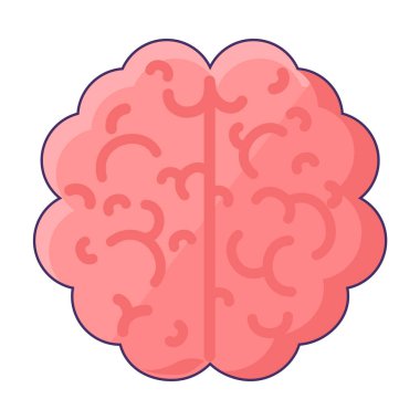 İnsan beyni üst görüş simgesi. İnsan beyin organı yoğunlaşması, modern ve retro tasarım için tıbbî olarak okşanmış çizgi film elementleri. Beyaz arkaplanda izole edilmiş basit renk vektörü resim grafiği