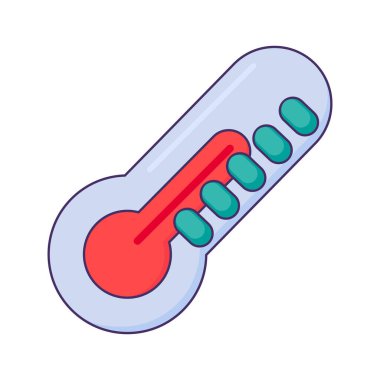 Sıcaklık ikonunu ölçmek için klasik cam termometre. Ölçme aleti, modern ve retro tasarım için tıbbî olarak okşanmış karikatür öğesi. Beyaz arkaplanda izole edilmiş basit renk vektörü resim grafiği