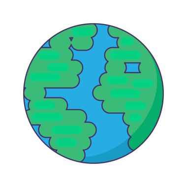 Sağlıklı mavi gezegen Dünya ikonu. Barış ve refahın sembolü, modern ve geçmişe dönük tasarım için tıbbi bir çizgi film unsuru. Beyaz arkaplanda izole edilmiş basit renk vektörü resim grafiği