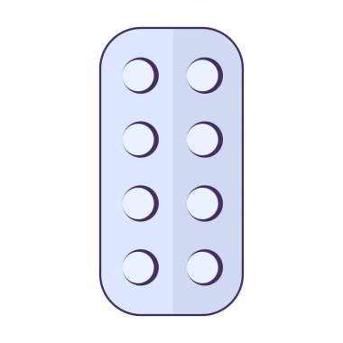 Yuvarlak küçük tablet ikonlu kabarcık. Ağrı kesici salıverme formu, modern ve geçmişe dönük tasarım için tıbbi bir çizgi film unsuru. Beyaz arkaplanda izole edilmiş basit renk vektörü resim grafiği