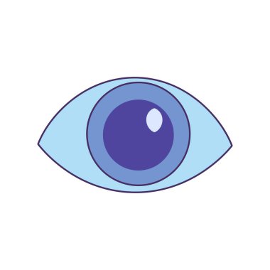 Sağlıklı göz simgesi. Öğrenci ve irisin incelenmesi, modern ve retro tasarım için tıbbi olarak okşanmış karikatür öğesi. Beyaz arkaplanda izole edilmiş basit renk vektörü resim grafiği