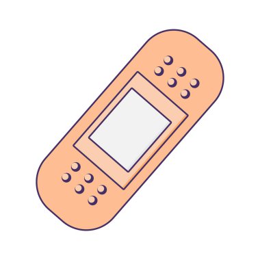 Yara tedavi ikonu için etiket. Yapışkan alçı, modern ve retro tasarım için tıbbi dokunuşlu karikatür unsuru. Beyaz arkaplanda izole edilmiş basit renk vektörü resim grafiği