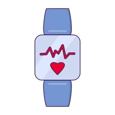 Nabız ve kalp atışlarını ölçmek için tek tek akıllı cihaz. İzleme, modern ve retro tasarım için medikal olarak okşanmış çizgi film elementleri. Beyaz arkaplanda izole edilmiş basit renk vektörü resim grafiği