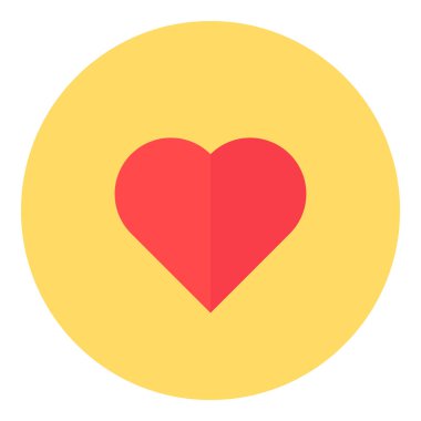 Yuvarlak ürün onay etiketi. Kırmızı kalp sarı çemberde, alışveriş süreci düz element modern ve eski tasarım için. Beyaz arkaplanda izole edilmiş basit renk vektörü resim grafiği