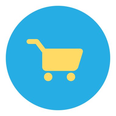 Tekerlekli alışveriş sepeti. Bilgi depolama etiketi, alışveriş süreci modern ve eski tasarım için düz element. Beyaz arkaplanda izole edilmiş basit renk vektörü resim grafiği