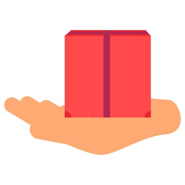 İnsan avucundaki kırmızı tatil kutusu. Modern ve eski tasarım için ekspres teslimat, alışveriş süreci düz element. Beyaz arkaplanda izole edilmiş basit renk vektörü resim grafiği