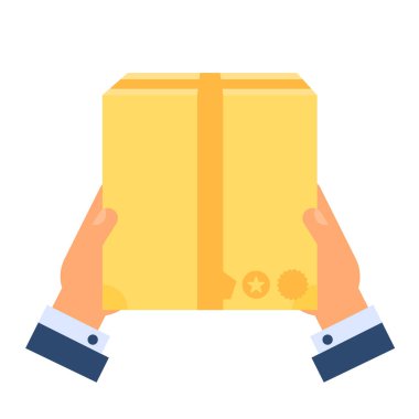 Karton kapalı kutuyu tutan kurye eller. Mal teslimatı, alışveriş süreci modern ve eski tasarım için düz element. Beyaz arkaplanda izole edilmiş basit renk vektörü resim grafiği