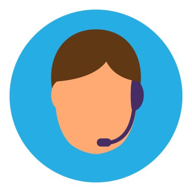 Kulaklıklı, mikrofonlu bir yardım hattı çalışanı. Bilgi etiketi, alışveriş süreci modern ve eski tasarım için düz element. Beyaz arkaplanda izole edilmiş basit renk vektörü resim grafiği