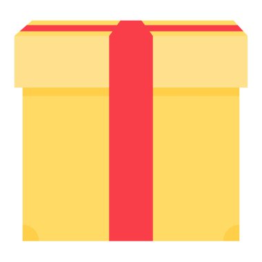 Kırmızı ipek kurdeleyle bağlanmış sarı hediye kutusu. Modern ve eski tasarım için paketlenmiş sürpriz, alışveriş süreci düz element. Beyaz arkaplanda izole edilmiş basit renk vektörü resim grafiği