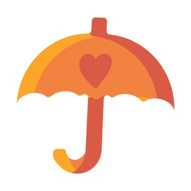 Kalp süsüsüyle süslenmiş açık çocuk şemsiyesi. Yağmur koruma aksesuarı. Basit renkli sade bir illüstrasyon. El çizimi çizgi film vektörü beyaz arkaplanda izole edildi