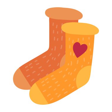 Bir çift sıcak örgü çorap. Doğal yünden yapılmış el yapımı kış giysileri. Basit renkli sade bir illüstrasyon. El çizimi çizgi film vektörü beyaz arkaplanda izole edildi