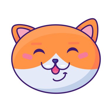 Mutlu kızıl kedi gözleri kapalı neşeyle gülümser. Sağlıklı bir hayvan. Hayvan mağazası ya da veteriner kliniği tasarımı için. Beyaz arkaplanda izole edilmiş basit katı detay vektörü