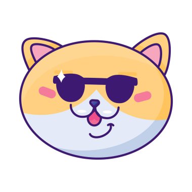 Güneş gözlüklü gülümseyen kedi ağızlığı. Mutlu hayvanlar. Hayvan mağazası ya da veteriner kliniği tasarımı için. Beyaz arkaplanda izole edilmiş basit katı detay vektörü