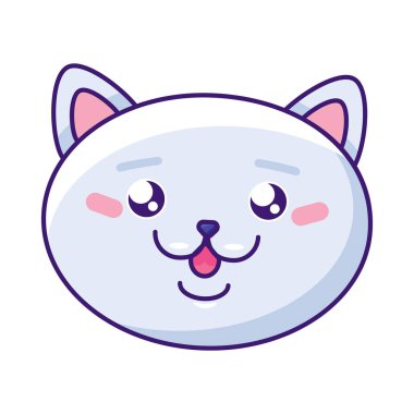 Neşeli, memnun kedi yavrusunun başı. Keyfin yerinde evcil. Hayvan mağazası ya da veteriner kliniği tasarımı için. Beyaz arkaplanda izole edilmiş basit katı detay vektörü